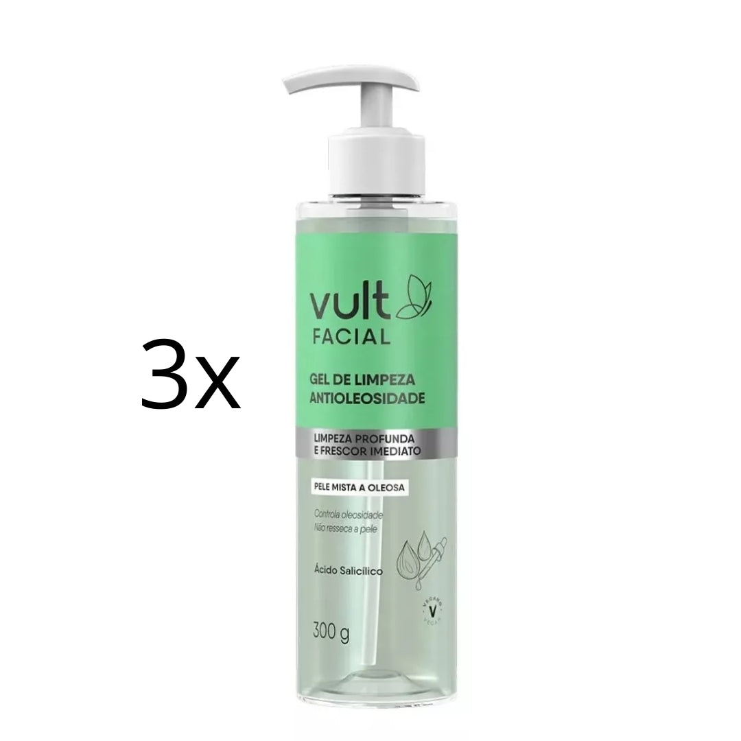Lot of 3 Anti-Oil Facial Cleansing Gel for Oily Skin Daily Care 300g Vult
