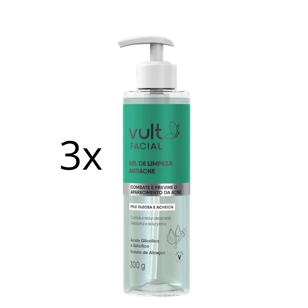 Lot of 3 Anti-Acne Facial Cleansing Gel Vegan Daily Skin Care 300g Vult
