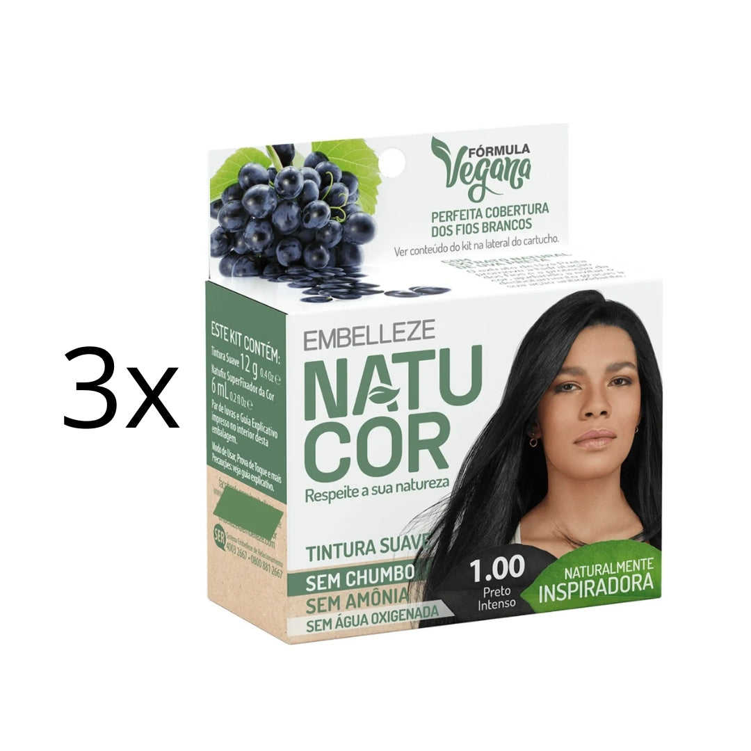 Lot of 3 Natucor Hair Dye Shade 1.00 Intense Black Color 12g Embelleze