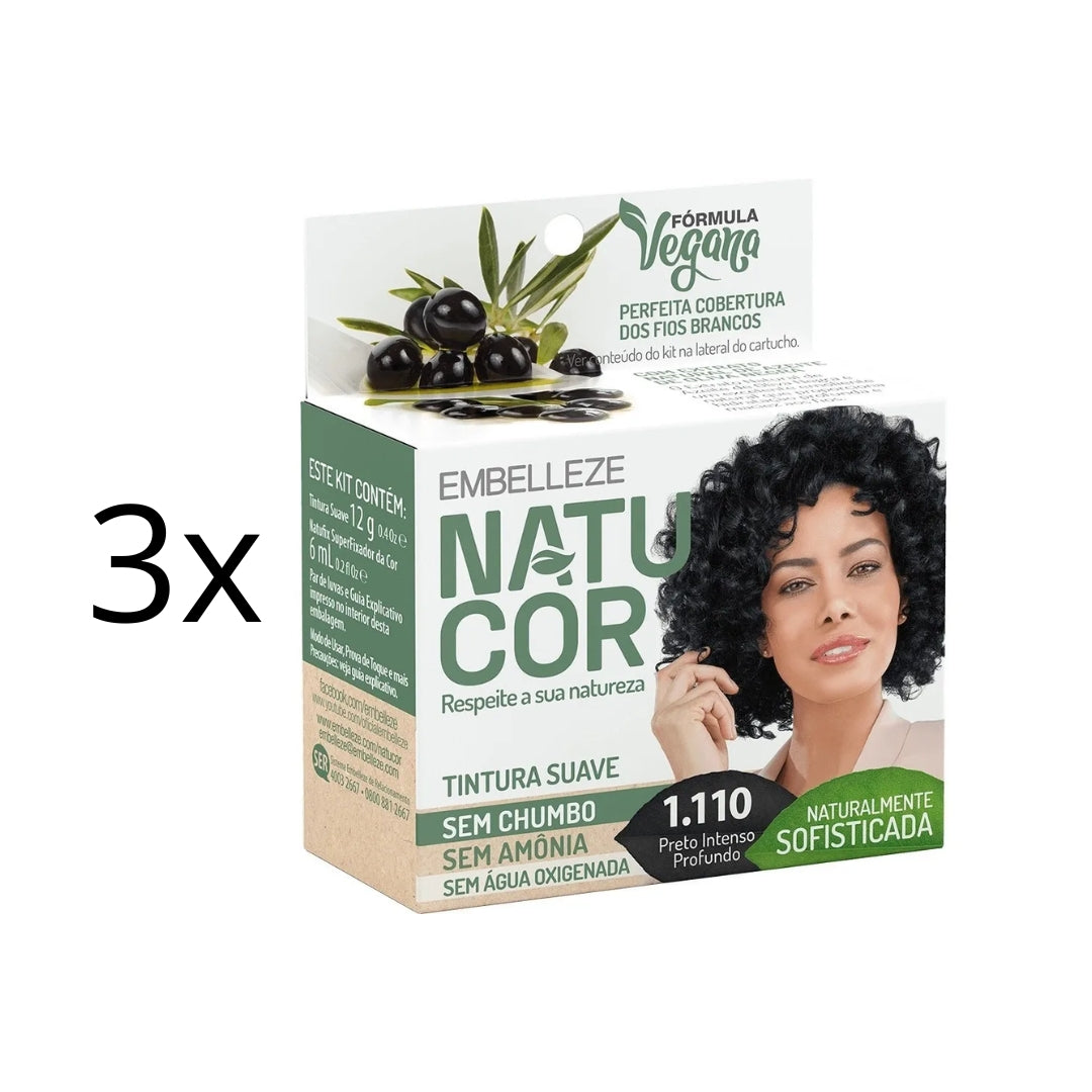 Lot of 3 Natucor Hair Dye Shade 1.110 Deep Intense Black Color 12g Embelleze