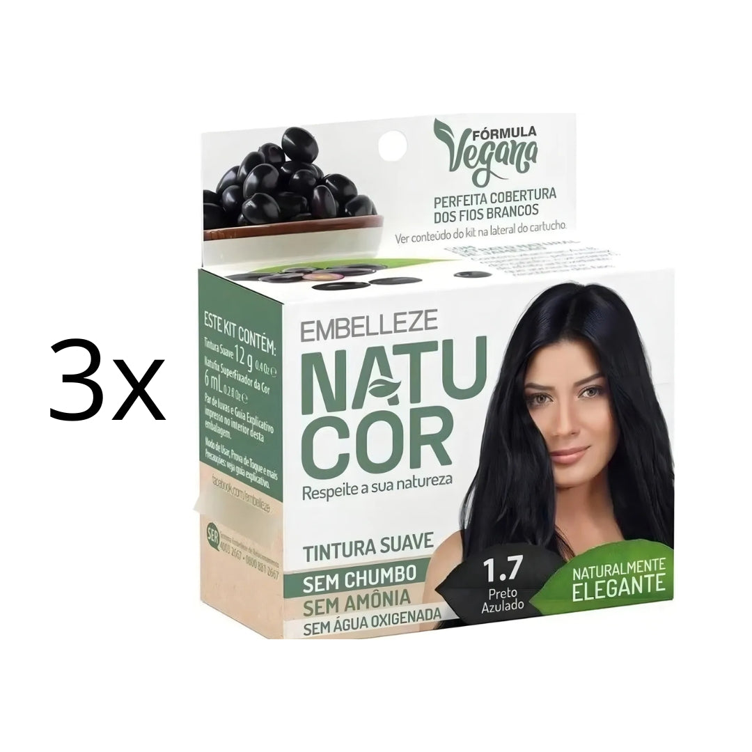 Lot of 3 Natucor Hair Dye Shade 1.7 Blue Black Color Toning 12g Embelleze