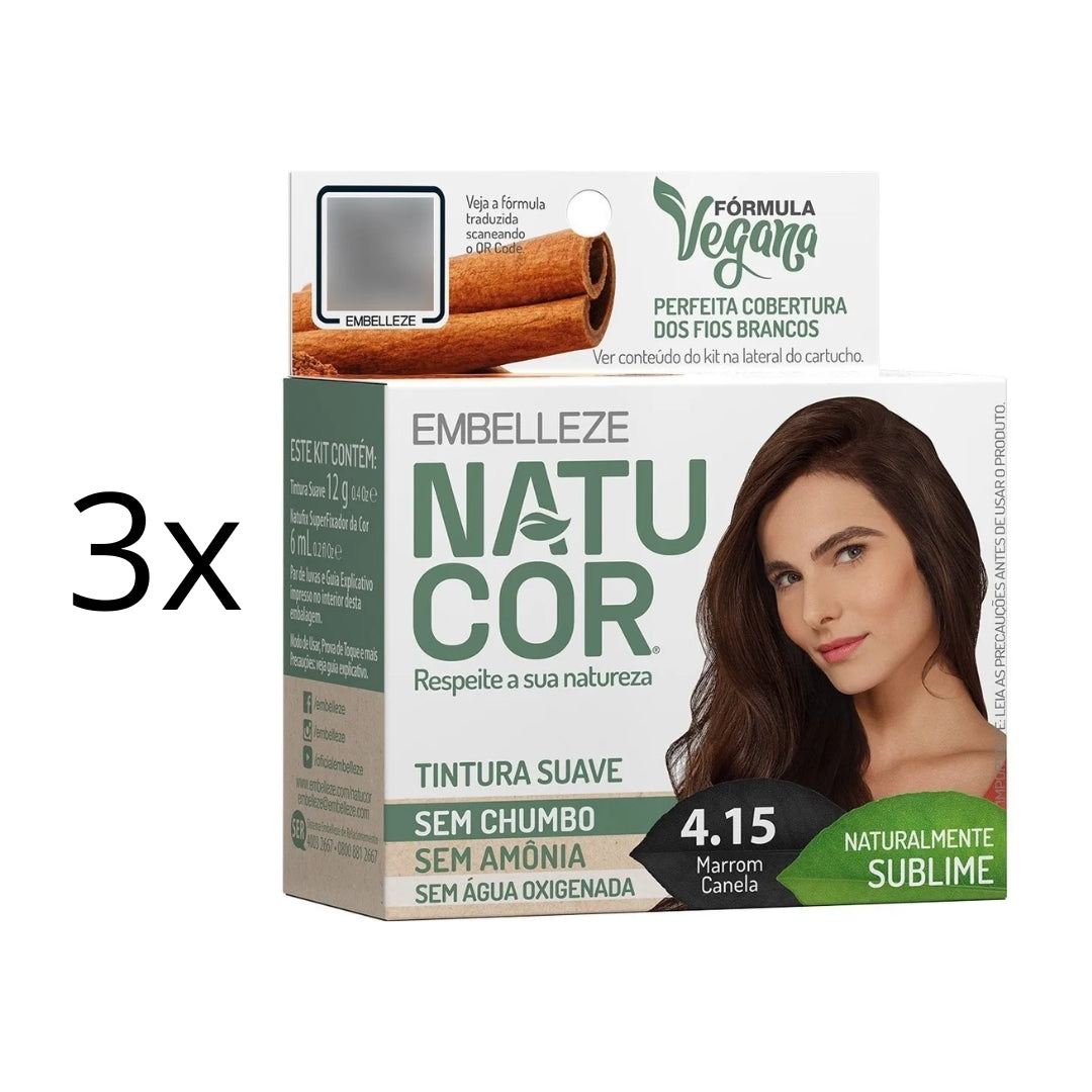 Lot of 3 Natucor Hair Dye Shade 4.15 Cinnamona Brown Color 12g Embelleze
