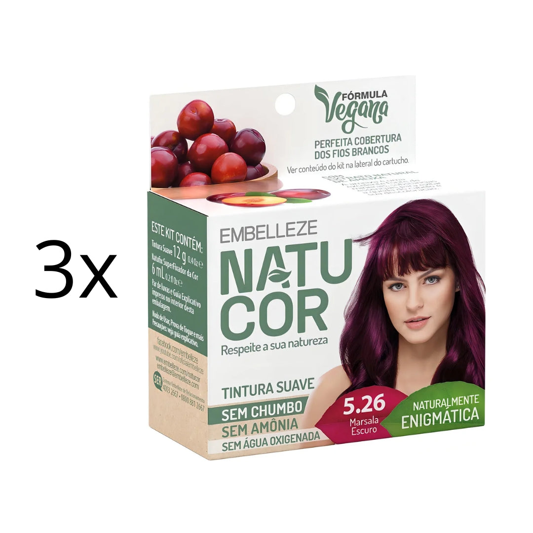 Lot of 3 Natucor Red Hair Dye Shade 5.26 Dark Marsala Color 12g Embelleze