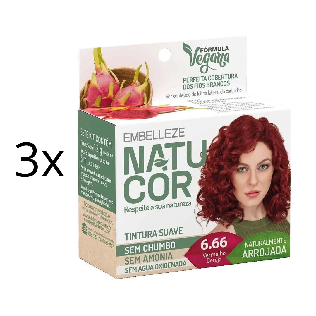 Lot of 3 Natucor Hair Dye 6.66 Cherry Red Color Toning 12g Embelleze