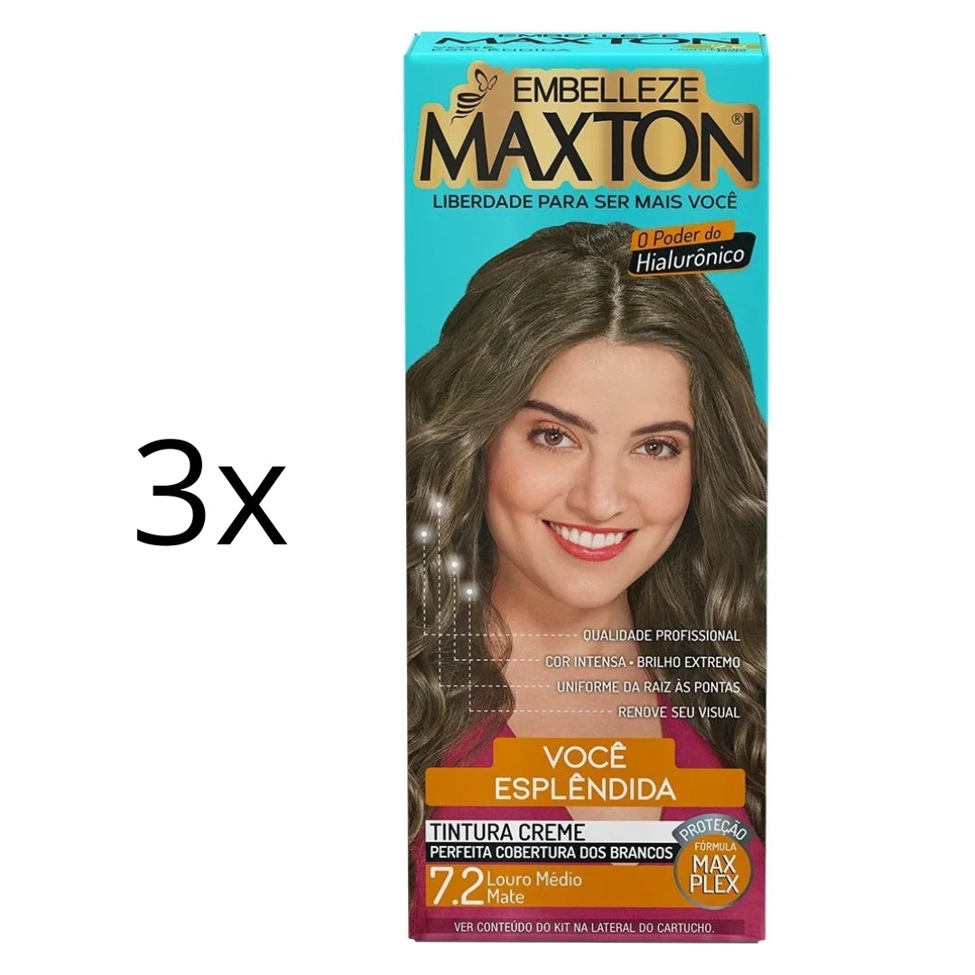 Lot of 3 Cream Dye 7.2 Medium Blonde Matte Hair Color Tint 50g Maxton