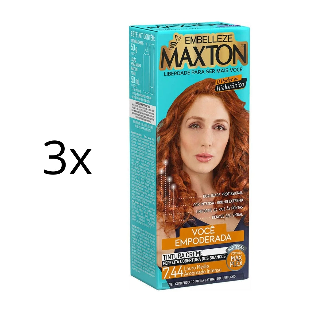 Lot of 3 Cream Dye 7.44 Medium Intense Reddish Blonde Hair Color 50g Maxton