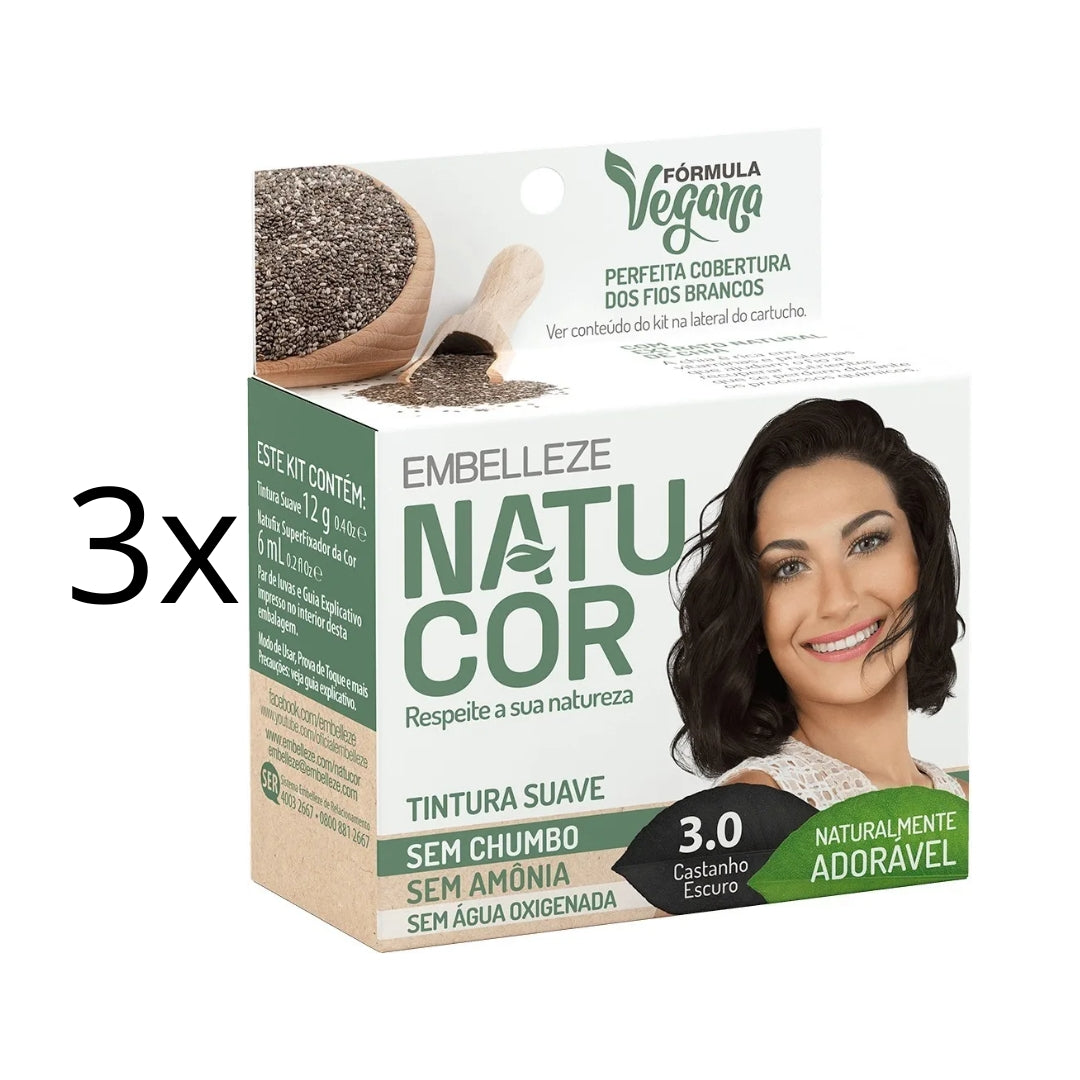 Lot of 3 Natucor Hair Dye Shade 3.0 Dark Brown Color Toning 12g Embelleze