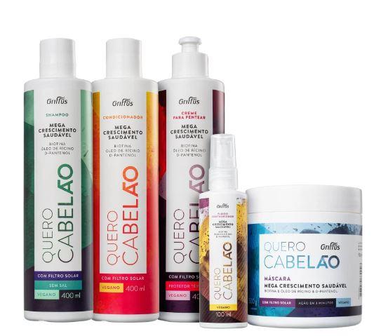 Griffus Brazilian Keratin Treatment Quero Cabelão D-Panthenol Biotin Solar Filter Castor Oil Kit 5 Products - Griffus