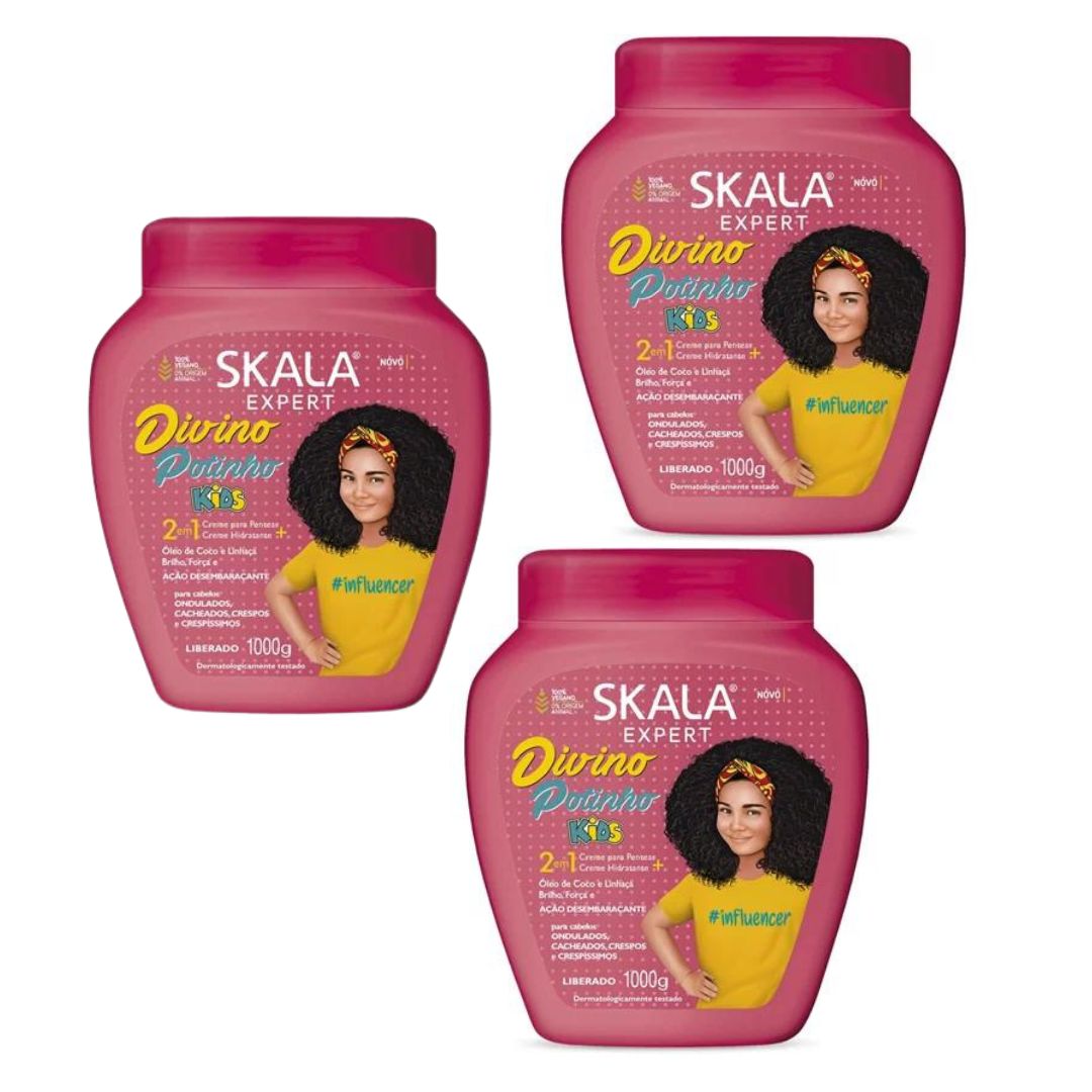 Lot de 3 Skala Divino Potinho Kids Crème Peignante Masque Traitement Cheveux Bouclés 1Kg