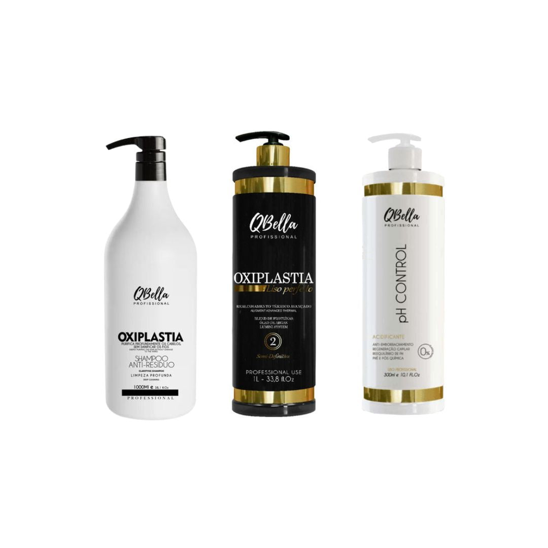 Shampoing QBella Oxiplastia + Contrôle du pH + Kit de brosse progressive Oxiplastia Hair