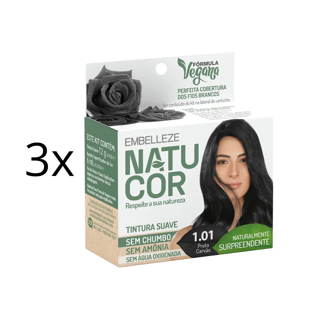 Lot of 3 Natucor Hair Dye Shade 1.01 Coal Black Color Toning 12g Embelleze
