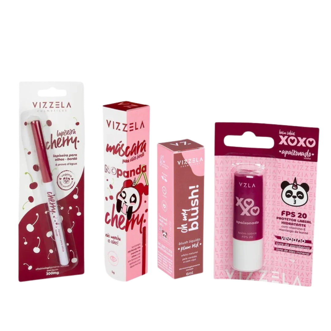 Cherry Look Makeup Set Eye Pencil Mascara Lip Balm Liquid Blush Kit Vizzela
