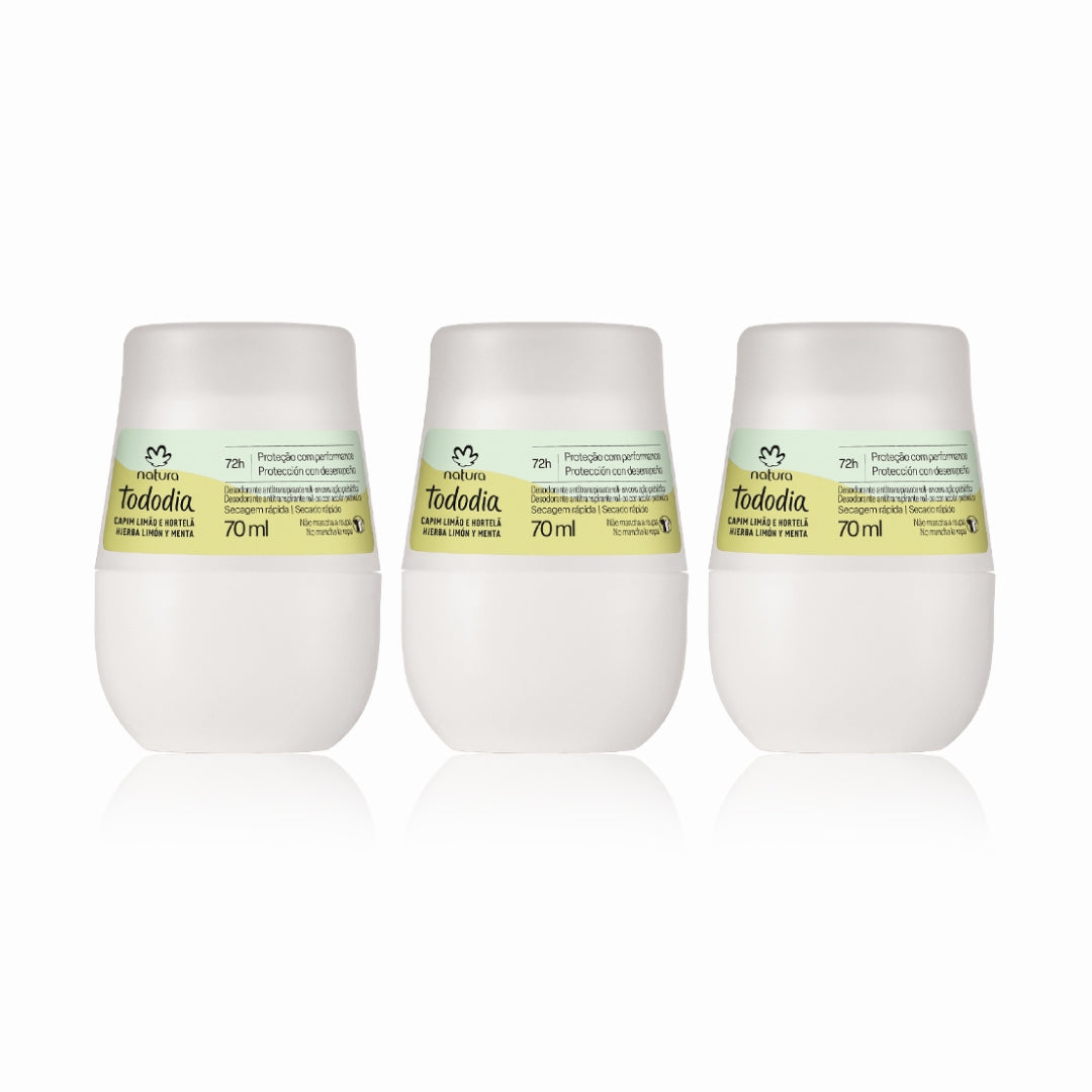 Todo Dia Lemongrass Mint Roll-on Antiperspirant Deodorant Kit 3x 70ml Natura