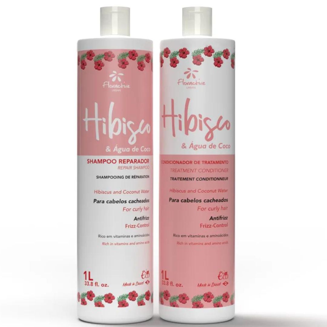 Kit de traitement capillaire, shampoing et revitalisant à l'eau de coco et à l'hibiscus 2x 1L Floractive