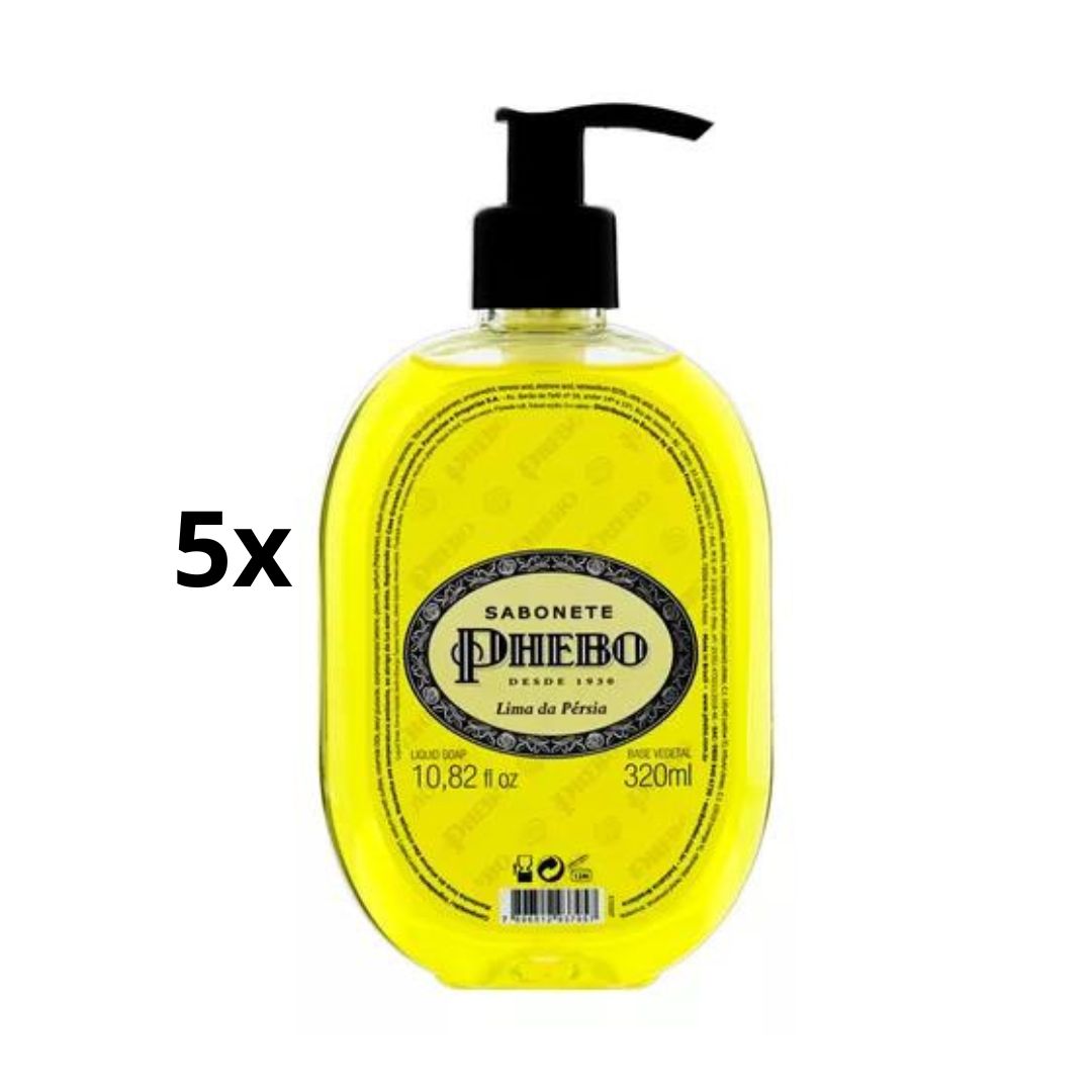 Lot de 5 savons liquides corporels végétaliens à la glycérine végétale au citron de Perse Phebo 320 ml