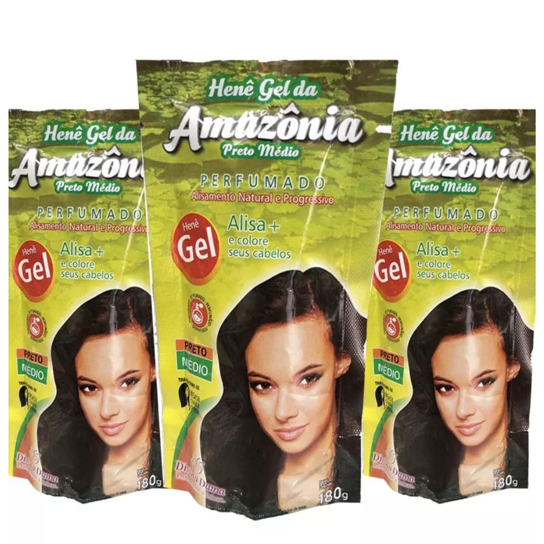 Lot of 3 Amazonia Hene Gel Medium Black Hair Straightening 180g Divina Dama