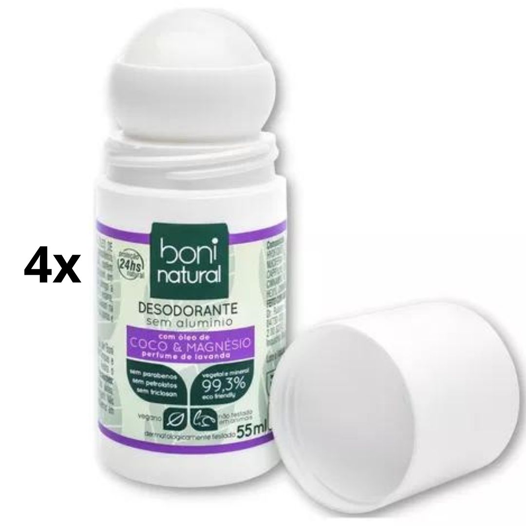 Lot of 4 Vegan Roll-on Deodorant Coconut Magnesium 55ml Boni Natural