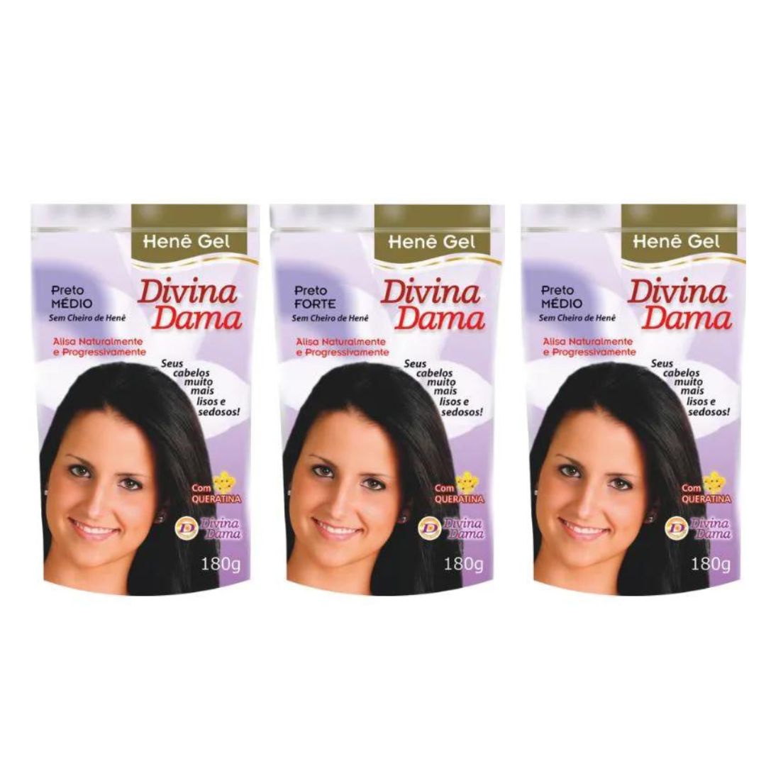 Lot de 3 Gel Hene Medium Black Lissage Cheveux 180g Divina Dama