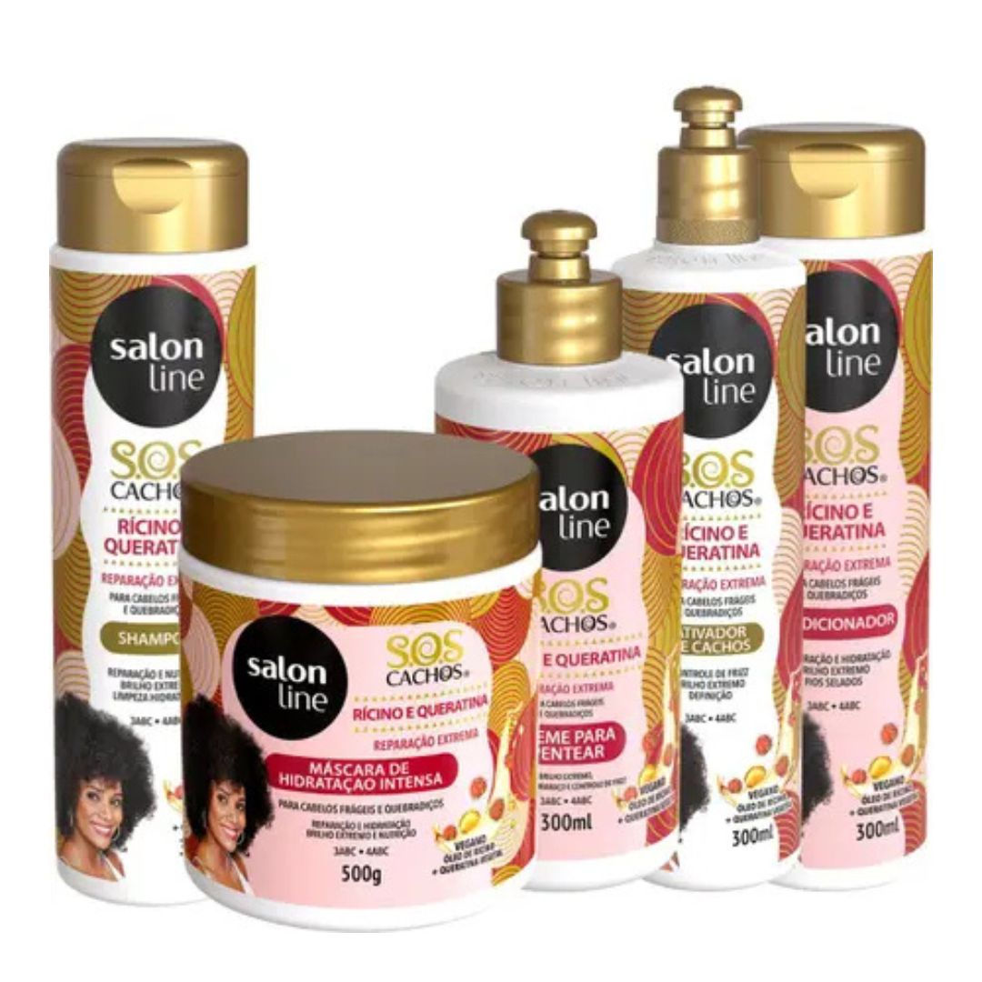 Salon Line SOS Curls Ricino Keratin Wavy Curly Deep Repair Treatment 5 Prod.