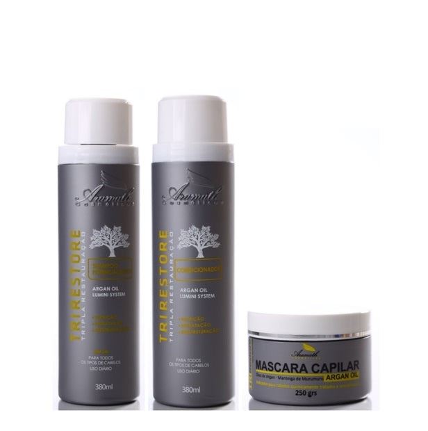 Tri Restore Argan Lumini Blond Gray Hair Restore Moisturizing Kit 3 Itens - Aram