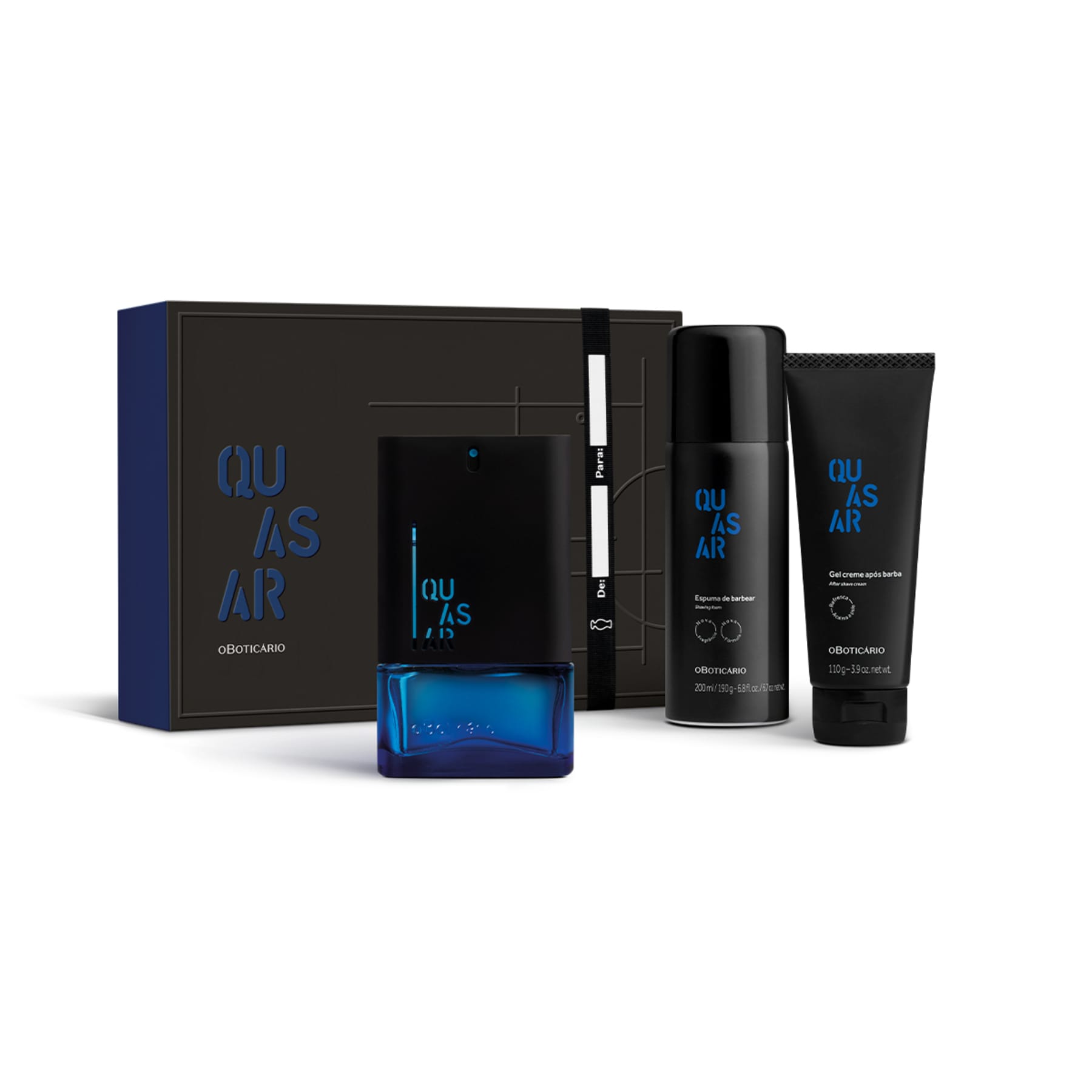 Kit Présent Quasar : Déodorant Cologne 90 ml + Mousse Barbear 200 ml + Gel Post Barbe 110 g - o Boticario