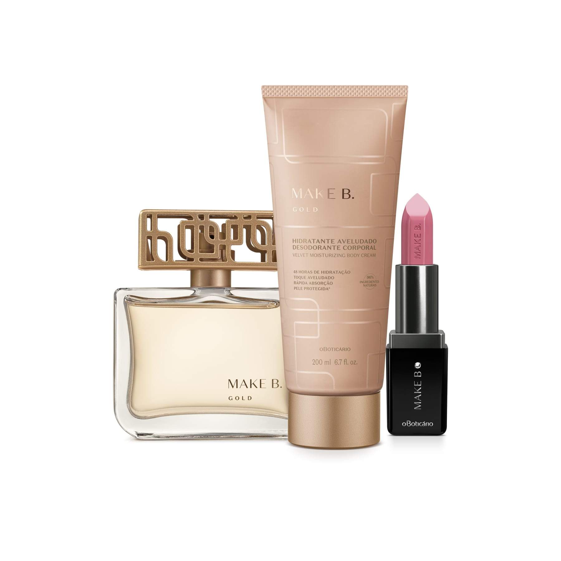 Kit Gift B.: Gold Eau De Parfum 75ml + Velvety Cream Gold 200g + Creamy Lipstick Rose Cashmere - o Boticario