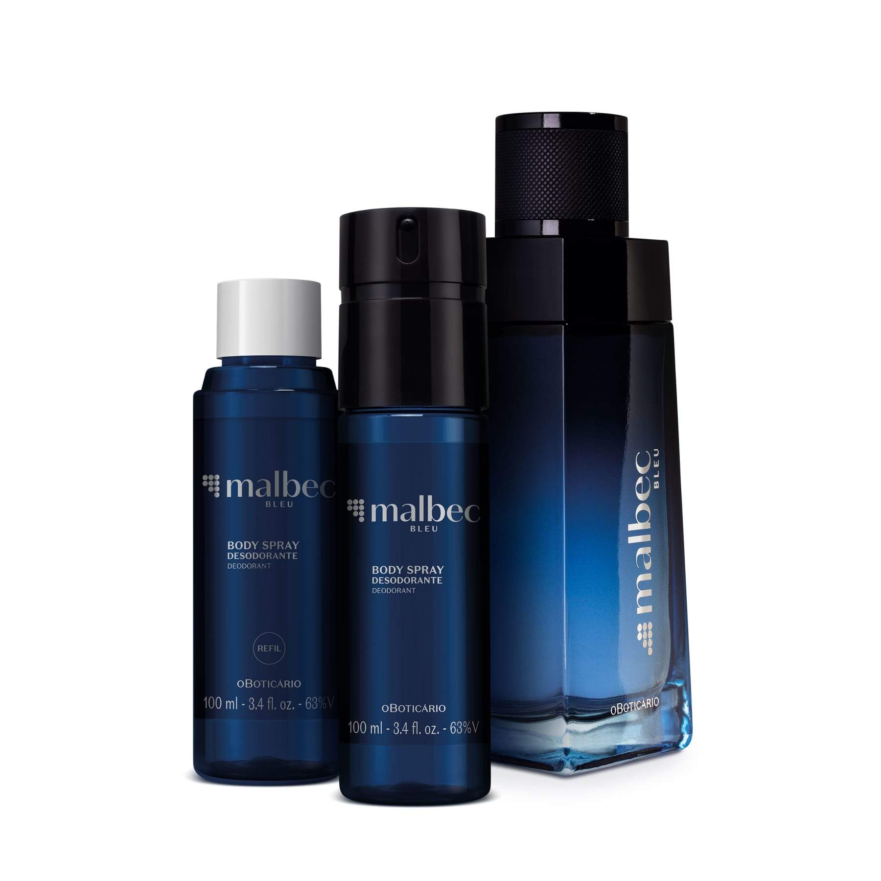 Kit Malbec Bleu: Deodorant Cologne 100ml + Body Spray 100ml + Refil 100ml - o Boticario