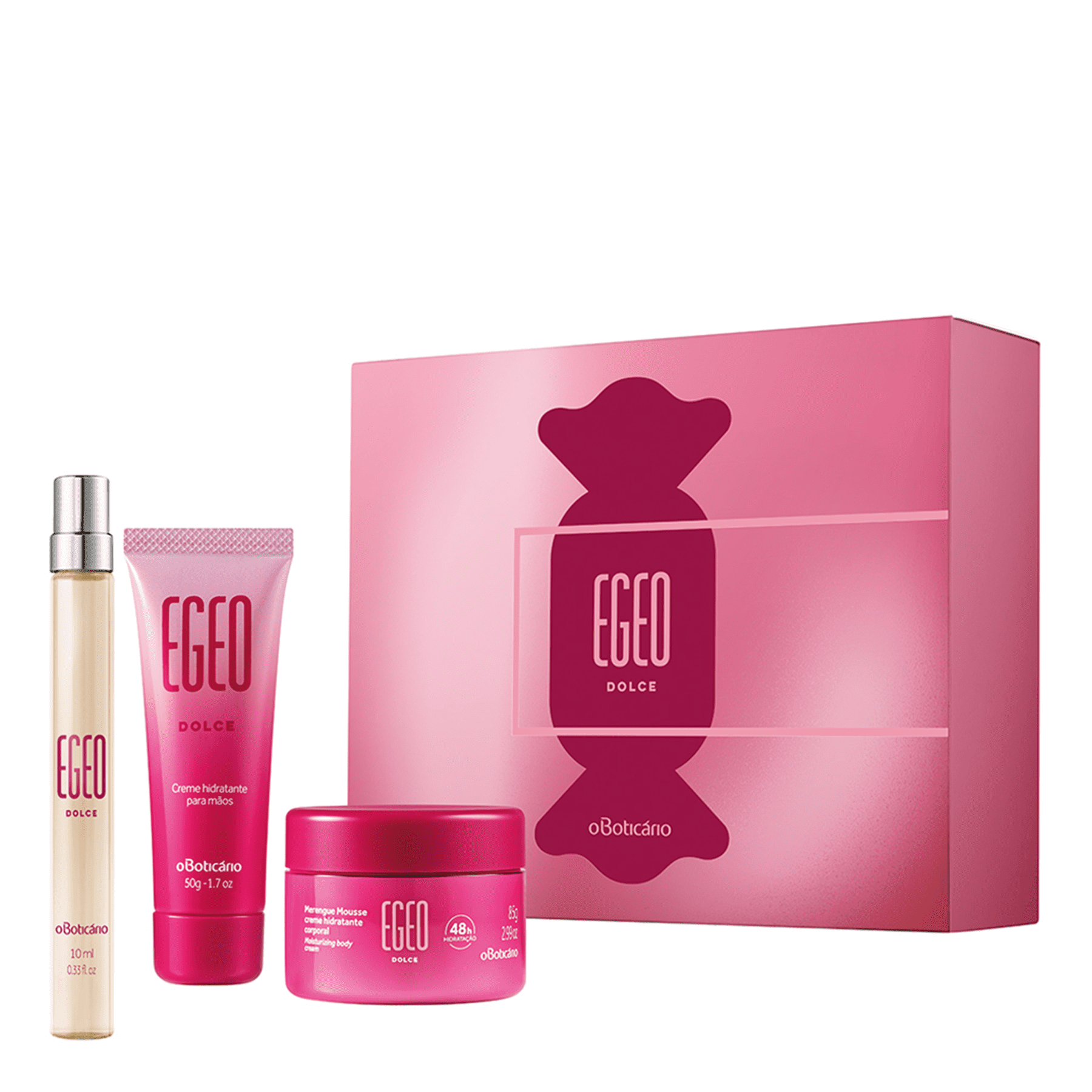 Gift Kit Egeo Dolce: Deodorant Cologne 10ml + Merengue Moisturizing Deodorant 85g + Cream For The Hands 50g - o Boticario