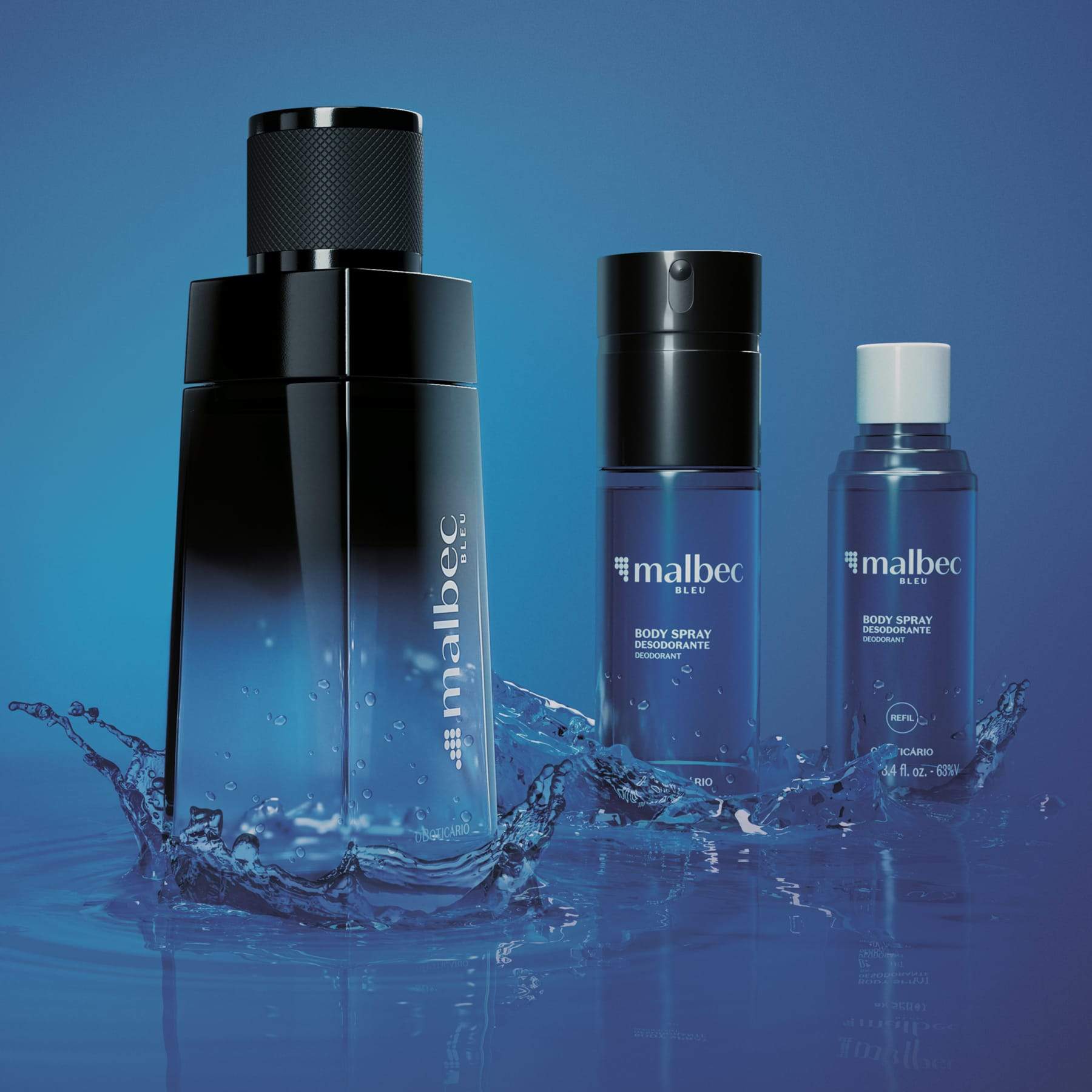 Kit Malbec Bleu: Deodorant Cologne 100ml + Body Spray 100ml + Refil 100ml - o Boticario